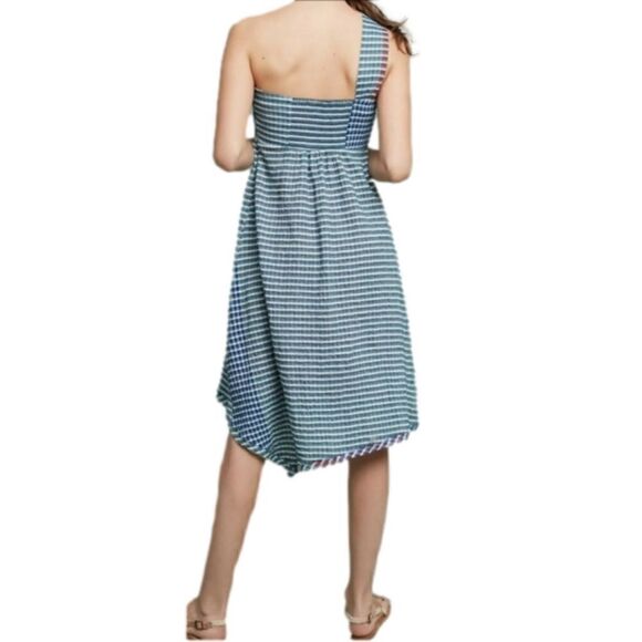 ANTHROPOLOGIE MAEVE One Shoulder Gingham Waverly Dress Blue Motif Size 8 - Picture 12 of 12